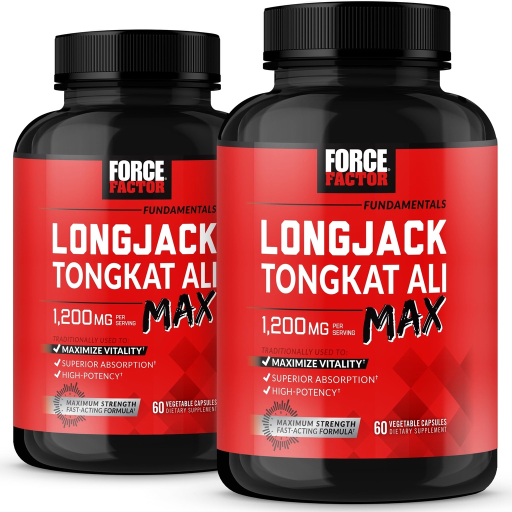 Force Factor LONGJACK Tongkat Ali Max, Tongkat Ali pentru bărbați, Stamina masculină și supliment de vitalitate Made with Key Ingrediente naturale pentru absorbție superioară, 1200mg, 120 capsule, 2-Pack