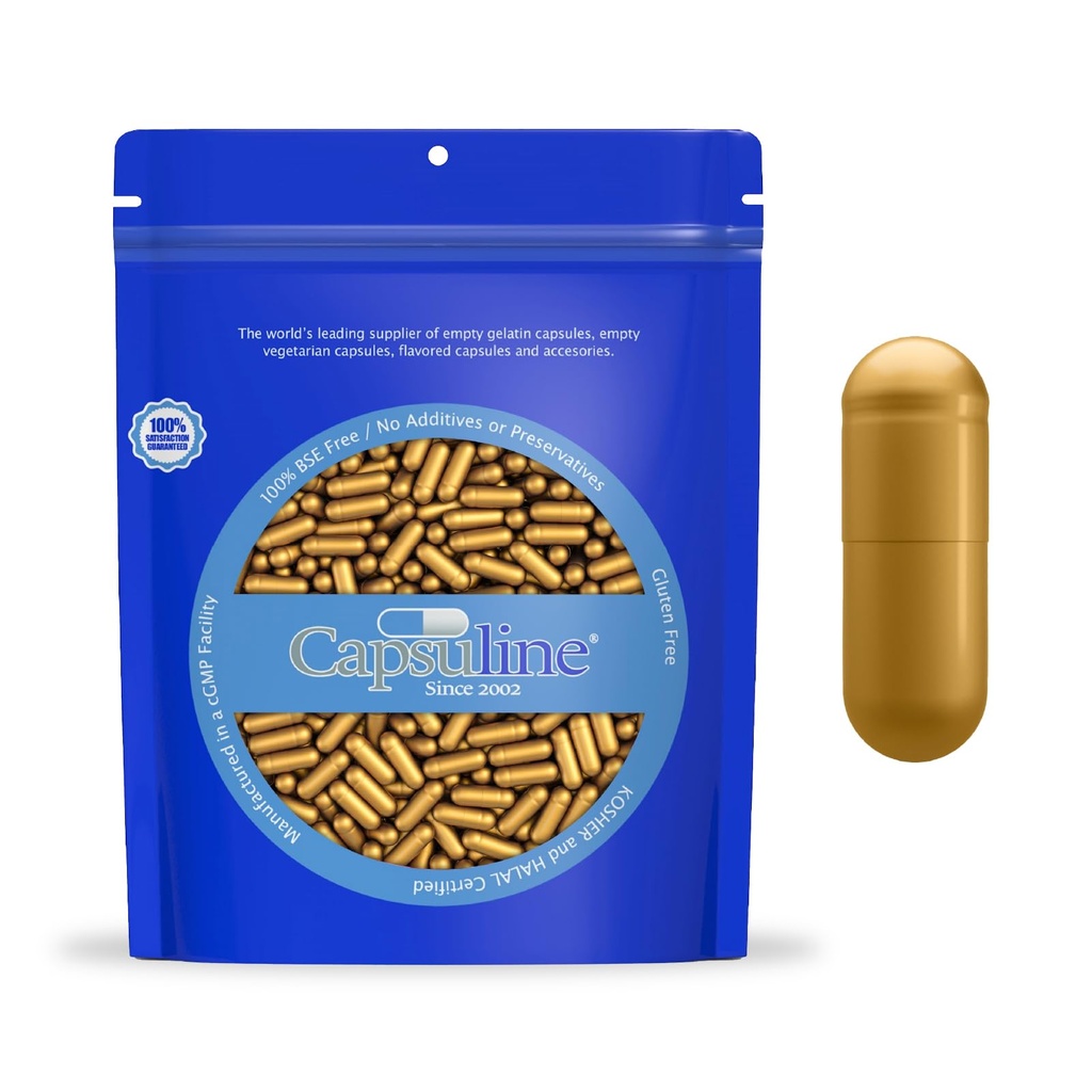 Capsuline Dimensiune 0 - Capsule de gelatină goale de culoare aurie - 1000 Conte - Capsule goale cu pilule de gel - DIY Capsule pure cu pilulă bovină - Capace goale - Kosher și Halal Certified