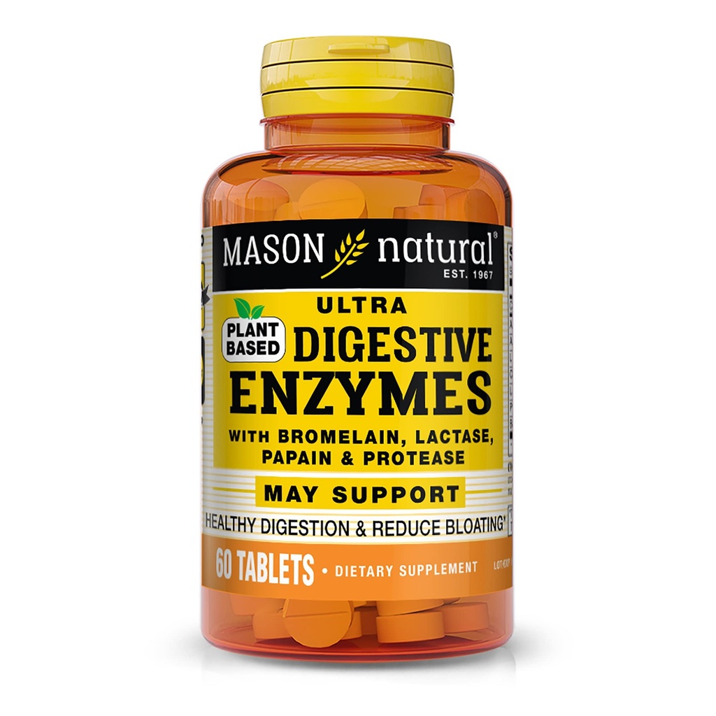MASON NATURAL Plant based Enzime digestive Ultra cu Bromelain, Lactase, Papain & Protease - Suporturi Digestie sanatoasa & Mai Reduce Blooting, 60 Capsule
