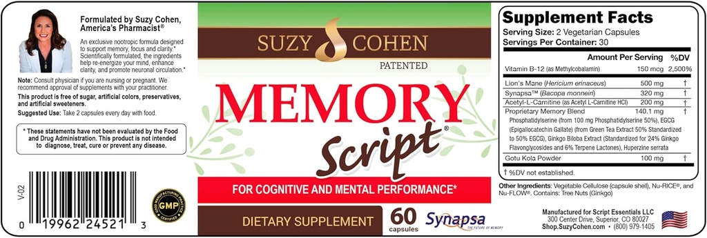 Script de memorie Suzy Cohen cu Lions Mane, Fosfatidilserină, extract de ceai verde și Ginkgo - supliment de sprijin pentru creier pentru focus - Capsule Nootropice pentru cunoaștere, Recall mai rapid și Mood