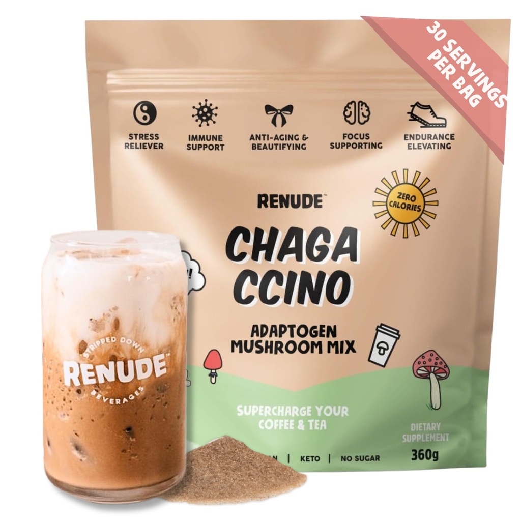 Renude Chagaccino - Chaga Mushroom Powder, Mushroom Coffee Drink Mix cu Adaptogens, Natural Energy and Immune Support, Vegan, Keto, Zero Calorie Marlow Powder - 30 Servings