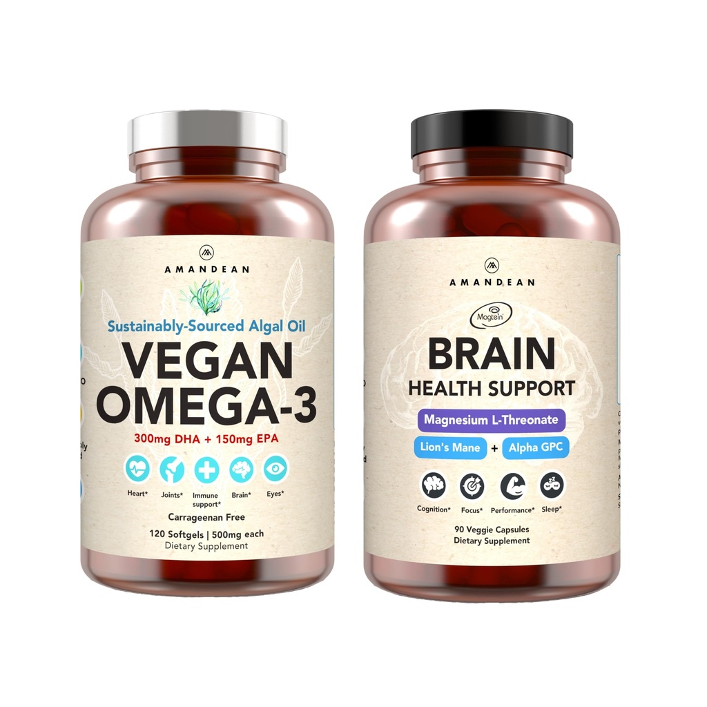 AMANDEAN Brain & Vegan Omega-3 Bundle: Magneziu Threonat, SUA-Grown Lions Mane 6:1, Alpha-GPC & Algae DHA/EPA. Grăsuri esențiale pentru creier, ochi, inimă și piele. Fish Oil Alternative.
