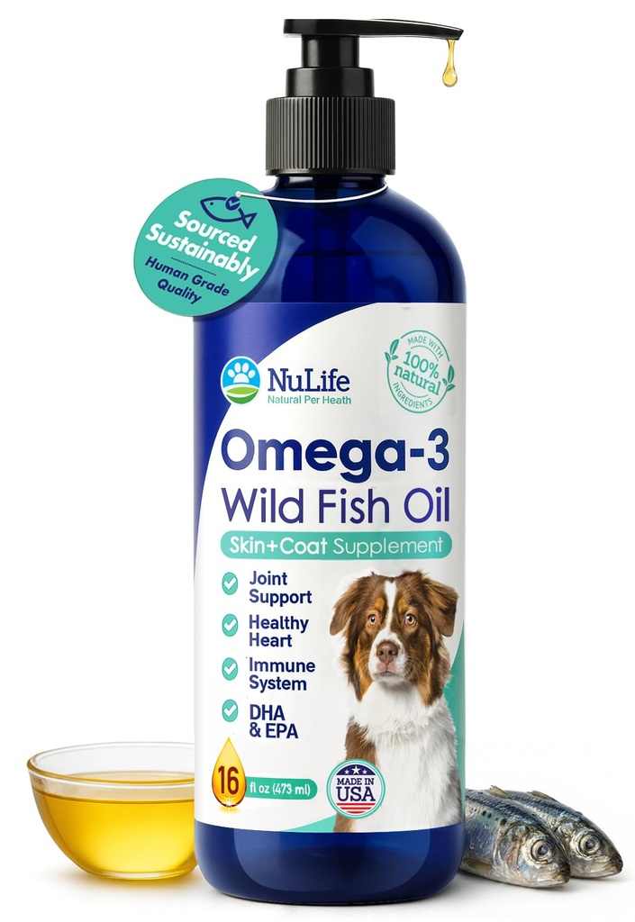 Ulei de pește lichid pentru câini cu Omega 3, 6 & 9 Acidi grași, Wild Caught din Islanda, Piele și Coat Supliment pentru vărsare, Piele Mâncărime, Alergii, Creier și Heart Health, bogat în EPA + DHA - 16 oz