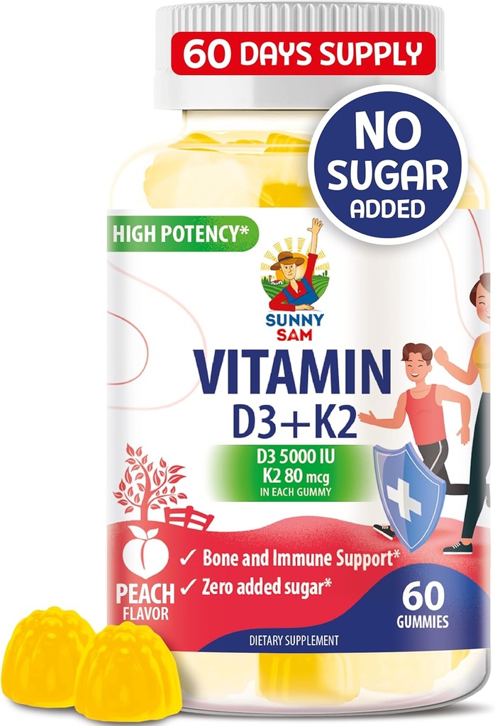 Vitamina D3 K2 fără zahăr Gummies 5000 UI - Gume de susţinere imună şi osoasă - Suplimentul de vitamine D Gummy pentru adulţi - Absorbţie ridicată, Vegan, Halal, Vitamine masticabile fără gluten