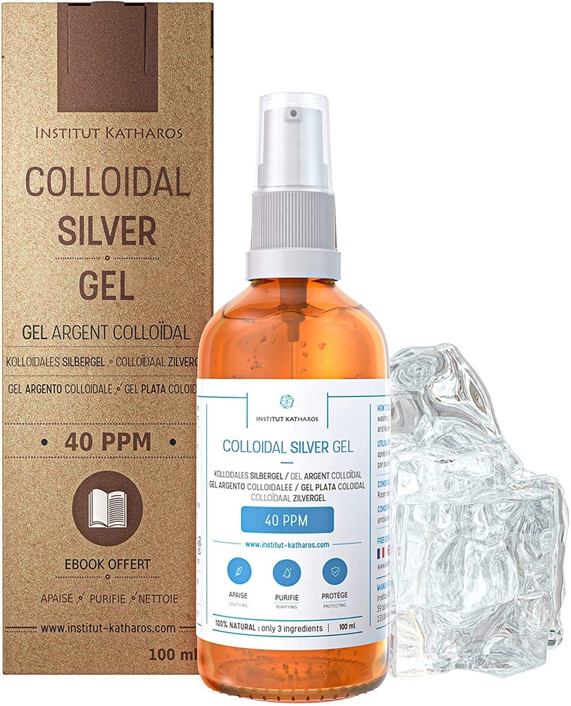 Gel pur de argint coloidal 40 PPM • 100% Ingrediente naturale și numai 3 • Textură optimă și absorbție (mai bine decât creme) • Sticlă de chihlimbar și pompă ultra-practică • Ebook incluse • Institut Katharos