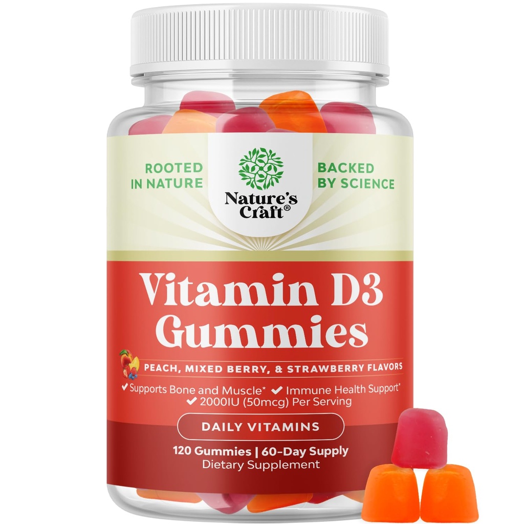 Naturas Craft Vitamina D3 Gume pentru wellness de zi cu zi - Gume delicioase vitamina D pentru adulți cu D3 2000UI per Servire musculare osoase și suport imunitar - non-GMO Gelatină și gluten gratuit (60 zile de aprovizionare)