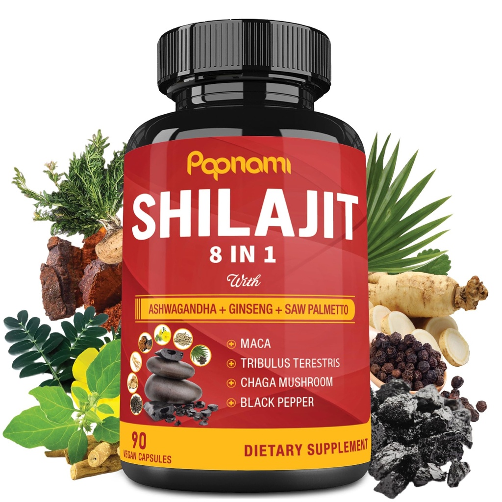 Capsule Shilajit Himalayan - 3 luni de aprovizionare - combinate Ashwagandha, Ginseng, Saw Palmetto, Maca, Tribulus, Chaga, Black Pepper