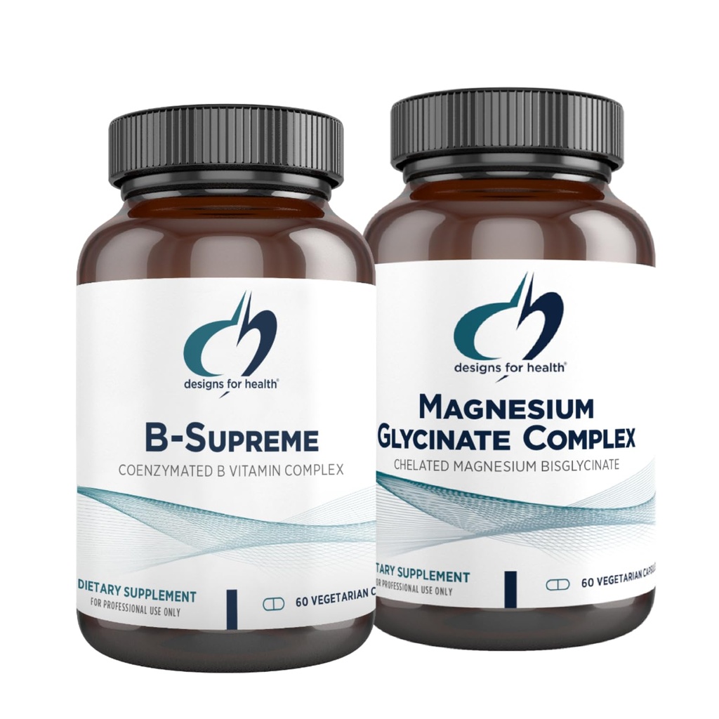 Design-uri pentru sănătate Complex de glicinat de magneziu (60 capsule) & B-Supreme (60 capsule) Bundle - B Complex de vitamine cu supliment de magneziu de mare absorbţie