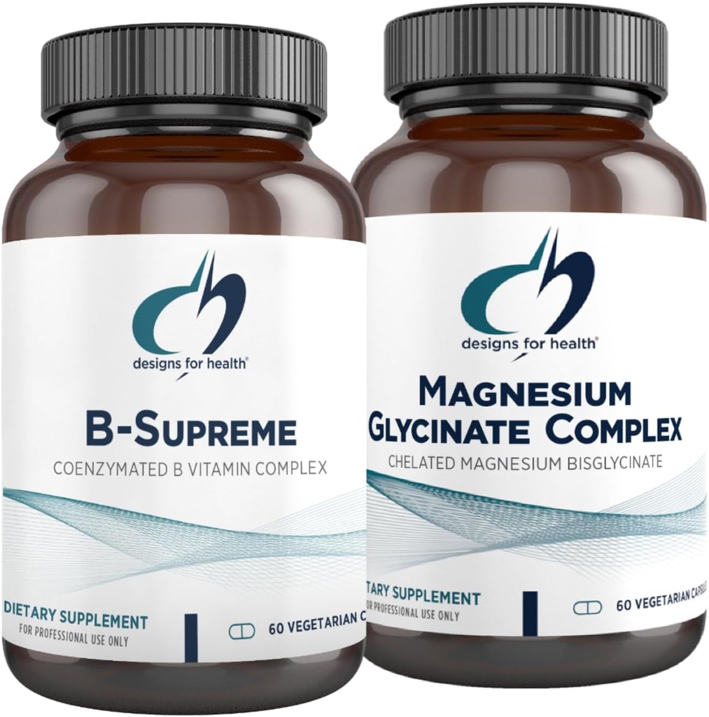 Design-uri pentru sănătate Magneziu Glicinat Complex (60 capsule) & B-Supreme (60 capsule) Bundle - B Complex de vitamine cu absorbţie mare Supliment de magneziu