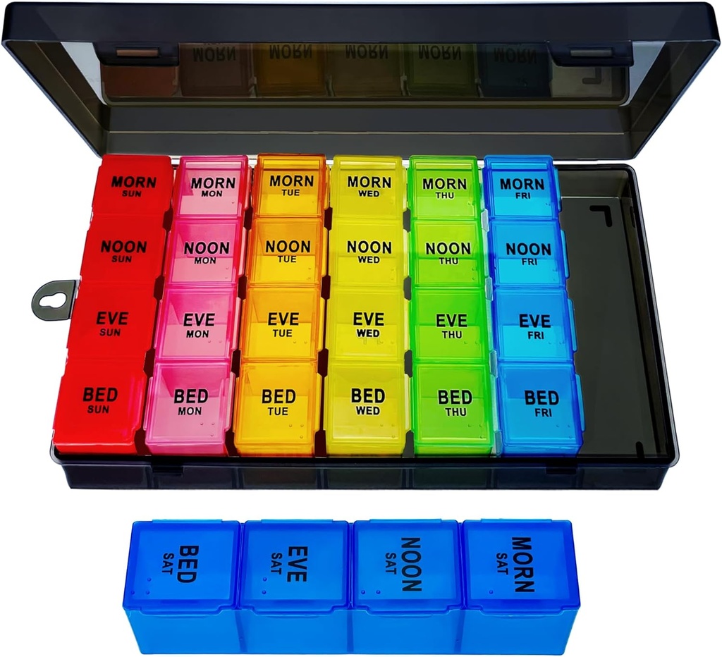Weekly Pill Organizer 4 Times a Day, Large Medicine Organizer, Pill Box 7 Day 28 Compartment, Portable Travel Pill Container Case for Vitamin and Supplement (Color)