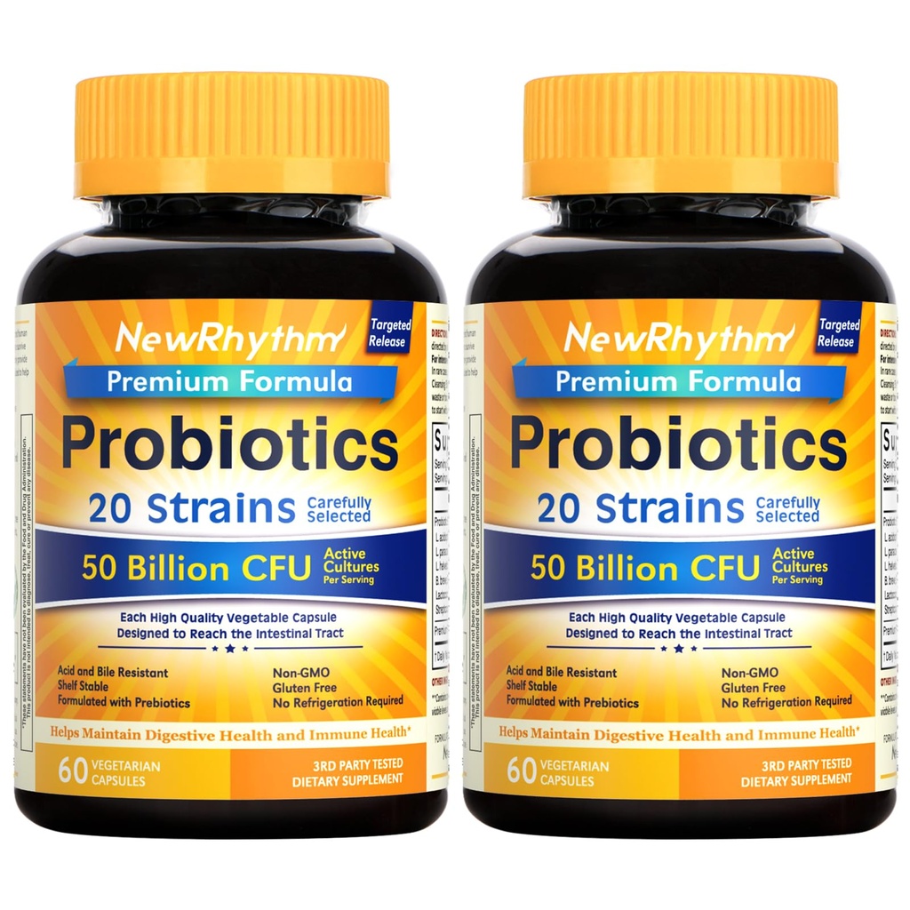 Probiotice NewRhythm 50 Miliarde CFU 20 Trandafiri, 120 Capsule Veggie, Tehnologie de eliberare vizate, Stomac acid rezistent, Nu este nevoie de frigider, non-GMO, Gluten gratuit