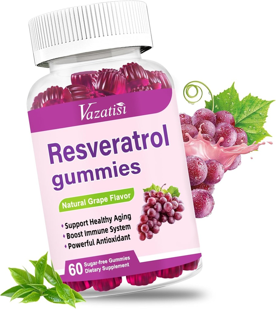 Gume de mare puritate Resveratrol, 98% Trans-Resveratrol cu Querbetin, Coq 10, Vitamina C, Suplimentul Reservatrol pentru Antioxidant, Anti-Aging, 60 Gummie