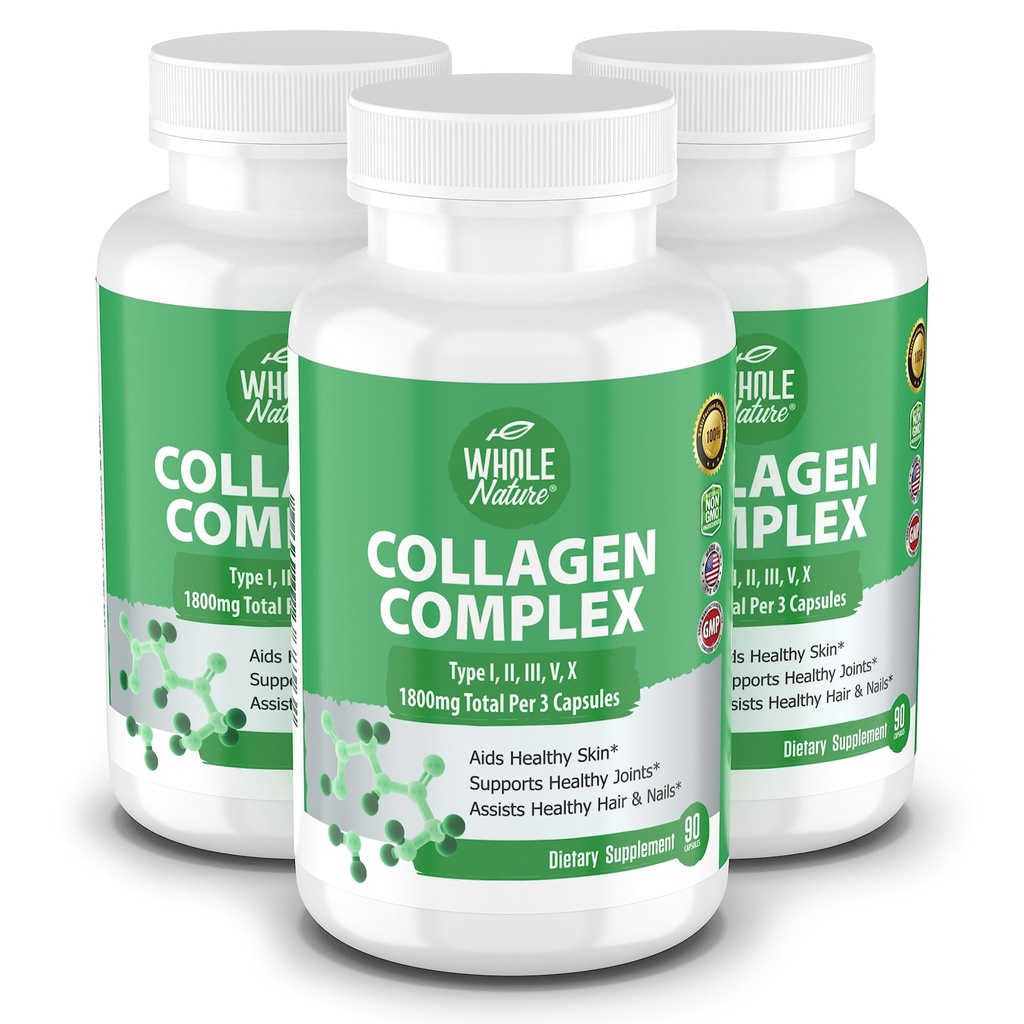 Multi Colagen Proteine Peptide Supliment capsule - 1800 mg Colagen Complex Tipuri I, II, III, V, X - Suport comun, Hair Sanatos, Piele, Nails, Vitamine de frumusete, 100% Natural, Non-GMO 270ct (3)