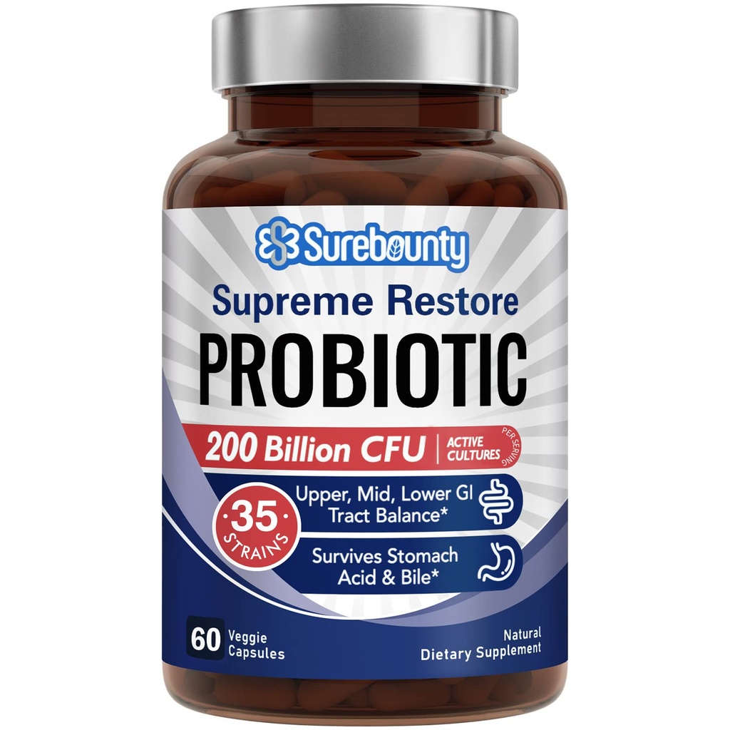 Probiotic pentru bărbaţi şi femei, 200 Miliarde CFU 35 Tulpini, Prebiotice + Enzime digestive, Supreme Recuperează Suplimentul Probiotic, Upper, Mid, Lower GI Tract Balanţa, 60 Capsule Veggie, 1 lună