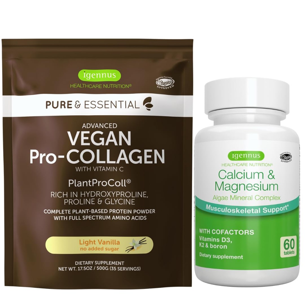 Vegan Vanilla Colagen Proteine Powder + Calciu & Magneziu Complex Bundle, Cuprinzător Bone Support, de Igennus