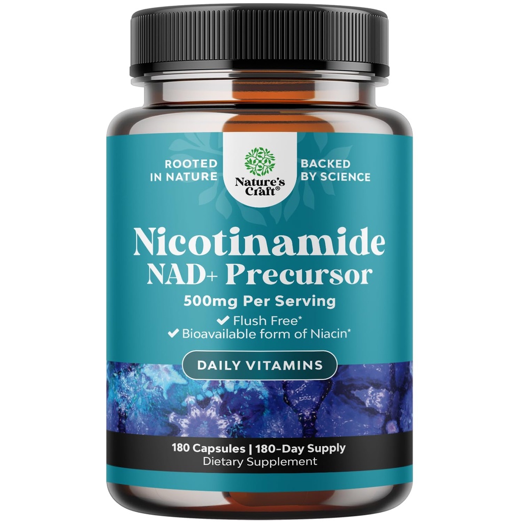 Vitamina B3 Niacinamida capsule 500 mg - Mitocondriale energie si potent supliment de piele - AKA Vitamina B3 Niacin 500 mg Flush Free si Nicotinamida 500 mg - Flush Free Niacin Supliment - 180 Conte