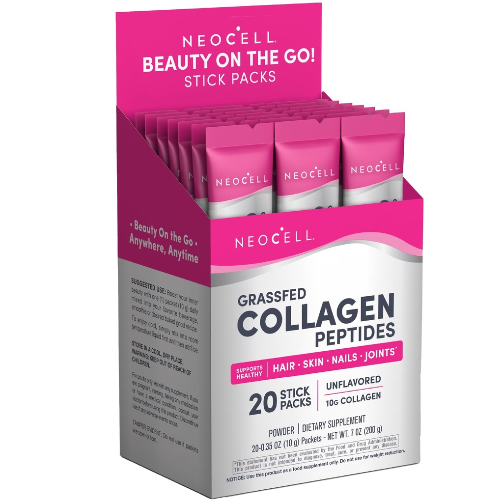 NeoCell Super Colagen Peptides, 10 g Colagen/Single-Single-Serve Packet; Keto Certified, Gluten Free; pentru sanatoasa piele, par, unghii și suport comun;* Pudra nearomatizate, 20 Servs, 7 Oz.