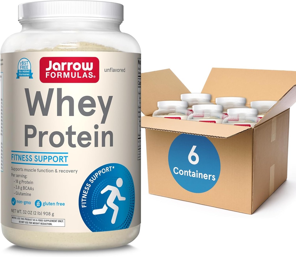 Jarrow Formulas Whey Proteina cu 18g de proteine, 3.8g de BCAAs, și glutamina, Supliment alimentar pentru funcția musculară & suport de recuperare, 32 oz pudra neflavorat, aproximativ 38 de zile de aprovizionare, 6 cutii