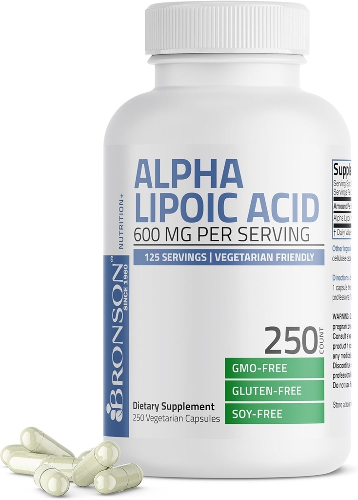 Bronson Alpha Acid lipoic 600 mg Free Radical Scavenger sprijină sănătatea - non-GMO, 250 capsule vegetariene (125 Servings)