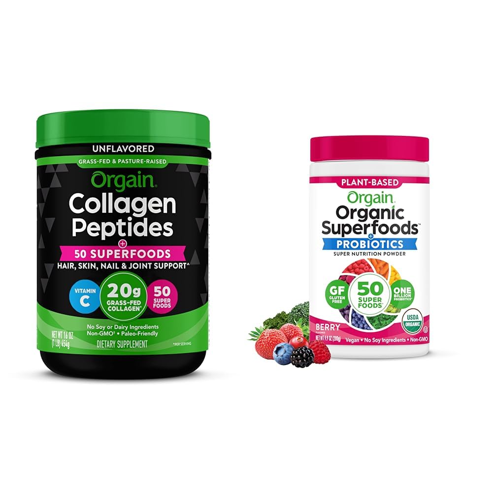 Orgain Hidrolyzed Colagen + Superfoods Pulbere și Greens organice Superfoods Pulbere - 1lb și 0.62lb