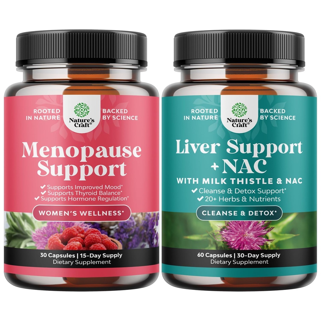 Bundle de Menopause Supliment pentru Flash-uri fierbinți cu Dong Quai Vitex Chaste Berry & Black Cohosh și suport hepatic NAC - Milk Thistle N Acetil Cysteine cu Turmeric, Choline, Dandelion & L-Glutathione