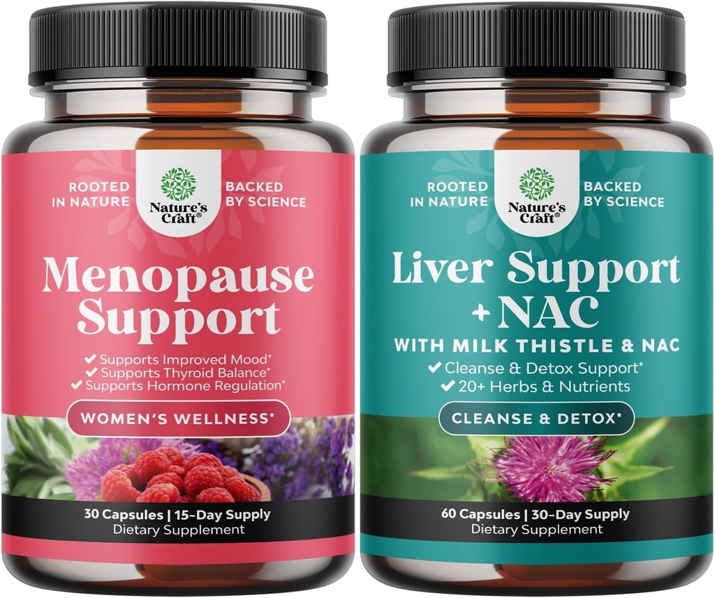 Bundle de Menopause Supliment pentru Flash-uri fierbinți cu Dong Quai Vitex Chaste Berry & Black Cohosh și suport hepatic NAC - Milk Thistle N Acetil Cysteine cu Turmeric, Choline, Dandelion & L-Glutathione