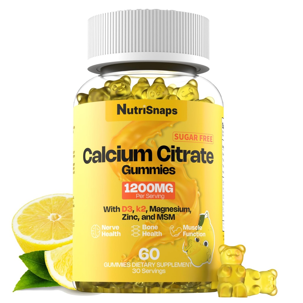 Citrat de calciu fără zahăr Gumries 1200 mg cu vitamina D3 K2, magneziu, zinc, MSM pentru bărbați și femei, oase, mușchi, suport imunitar, Absorbție finală Supliment de calciu, Vegan, 60 Conte