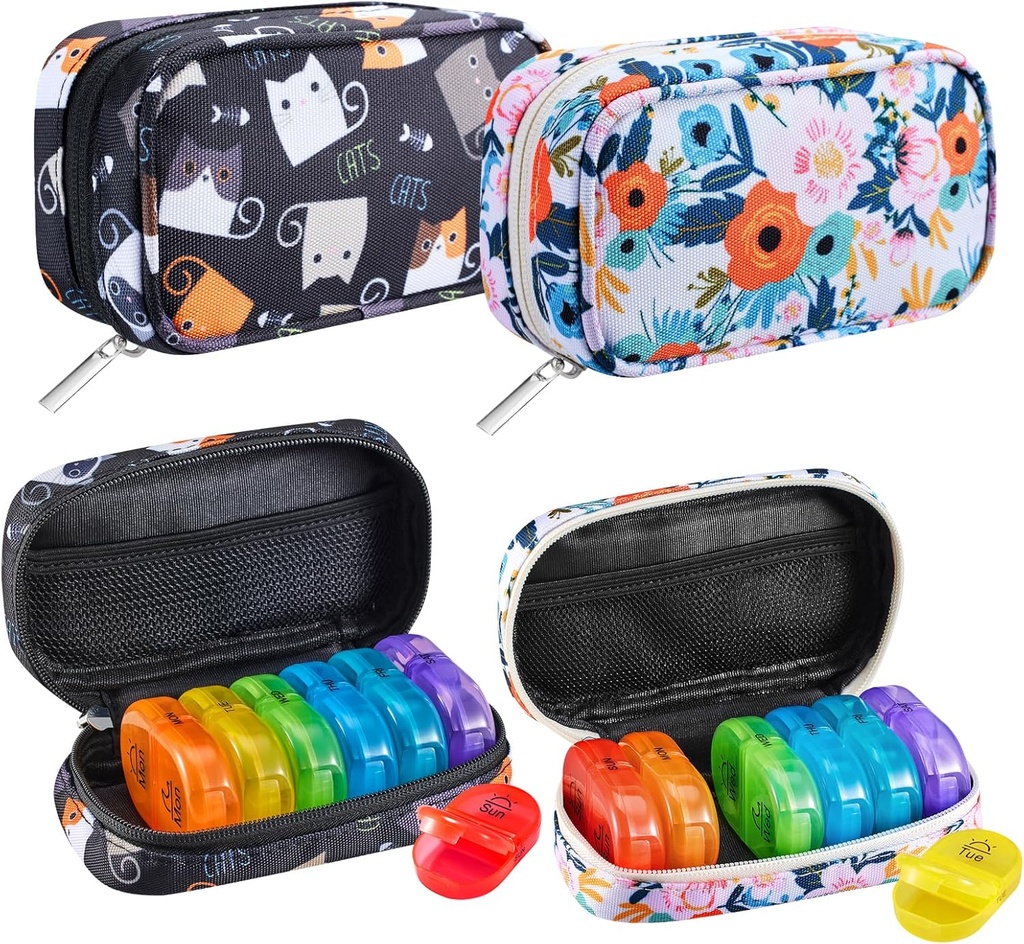 Serfeymi Weekly Travel Pill Organizator 2 ori A Day AM PM Rainbow Pilula Box 7 Ziua cu Zipper Canvas Pilula Caz, Medicina Organizator pentru pastile, vitamine, ulei de pește - negru 02 + Bloom 01