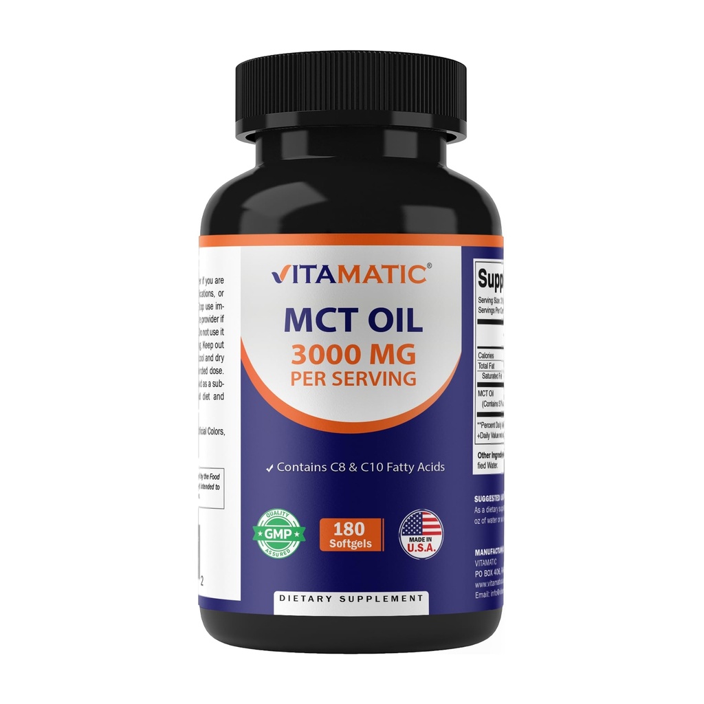 Vitamatic MCT Ulei 3000 mg per Serving - 180 Softgels - din ulei de cocos - contine 55% acid caprilic C8 si 40% acid capric C10
