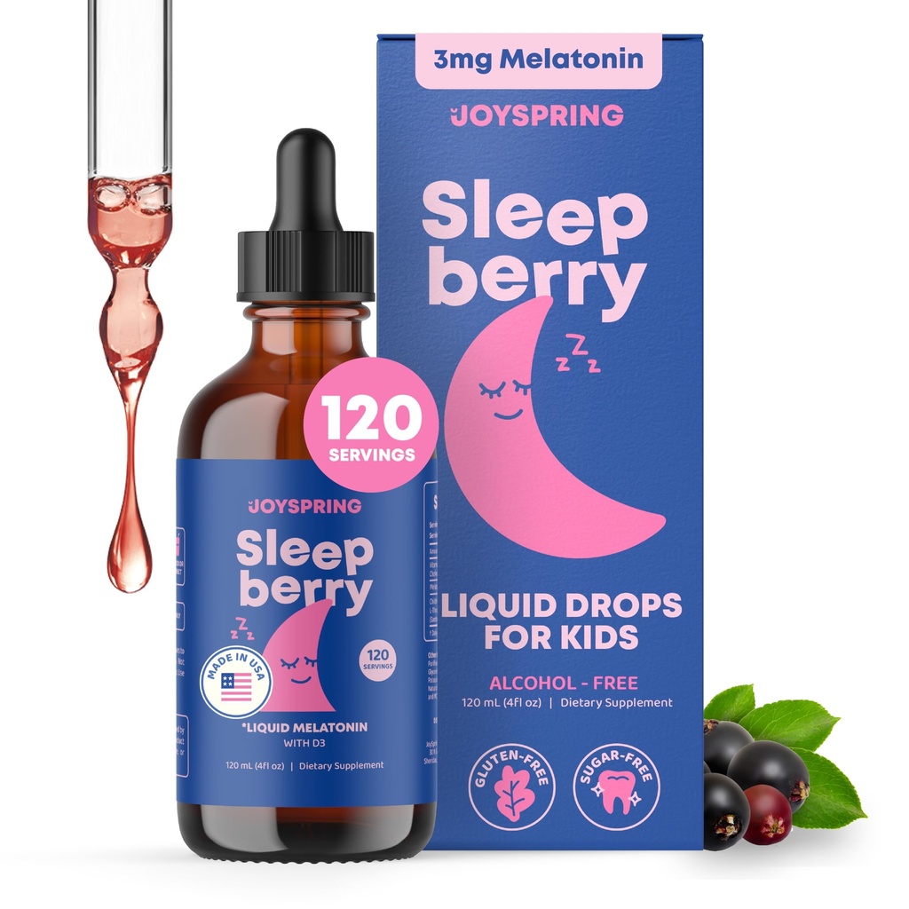JoySpring SleepBerry - Copii Melatonina lichid - 3MG Melatonina cu D3 și Elderberry - Lichid fără zahăr pentru copii și adolescenți 