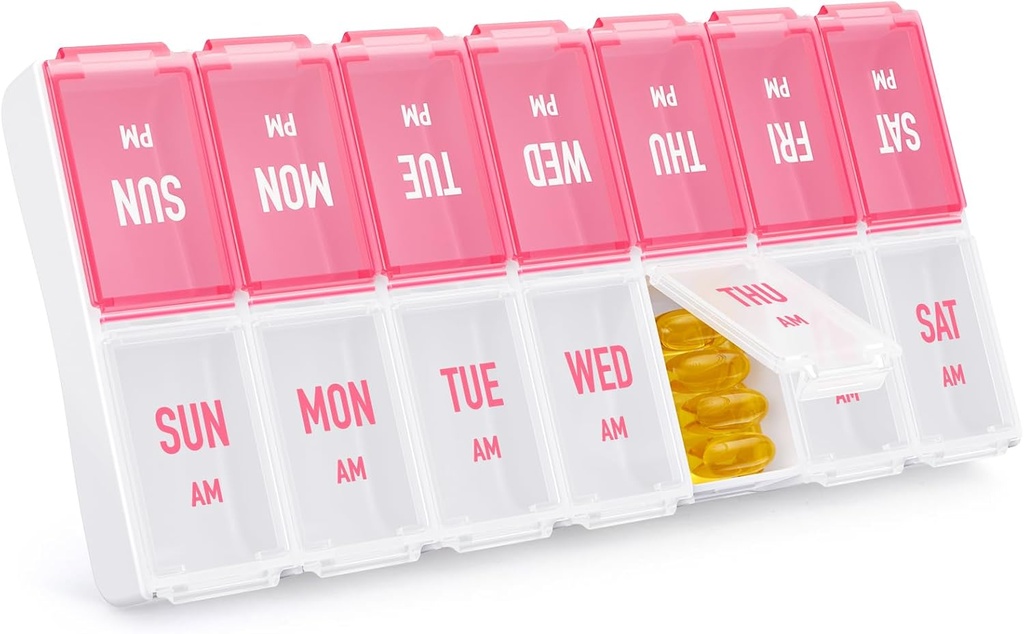 Weekly Pill Organizator 2 ori pe zi, Stylish Pill Box 7 Ziua PM cu Compartimente mari, Pilula Caz ușor de utilizat, BPA-gratuit supliment pentru vitamine, uleiuri de pește, Suplimente, Medicamente, roz