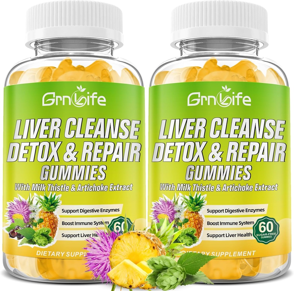 Ficat Cleanse Detoxifiere & Reparatii Gume cu lapte Thistle 3000mg, 24-in-1 supliment de sanatate hepatica cu Dandelion, Anghinare, Sugar Free Ficat Detoxifiere Gummies, Ananas Flavor - 120 Conte