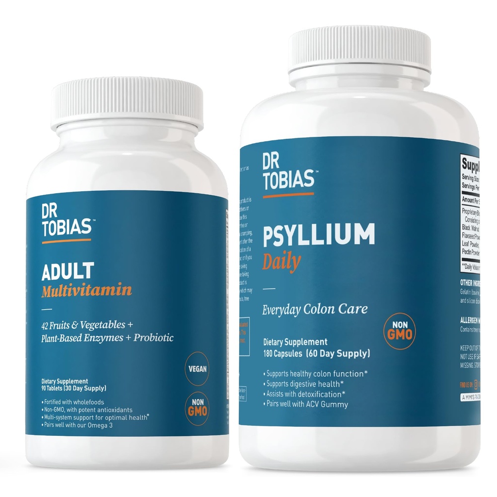 Dr. Tobias Adult Multivitamine & Psyllium Daily Supports Energy, Imunity & Healthy Bowel Movements with 42 Fruits & Vegatables, Psllium Husk, Bentonite Clay, Flaxseed & Natural Ingredients