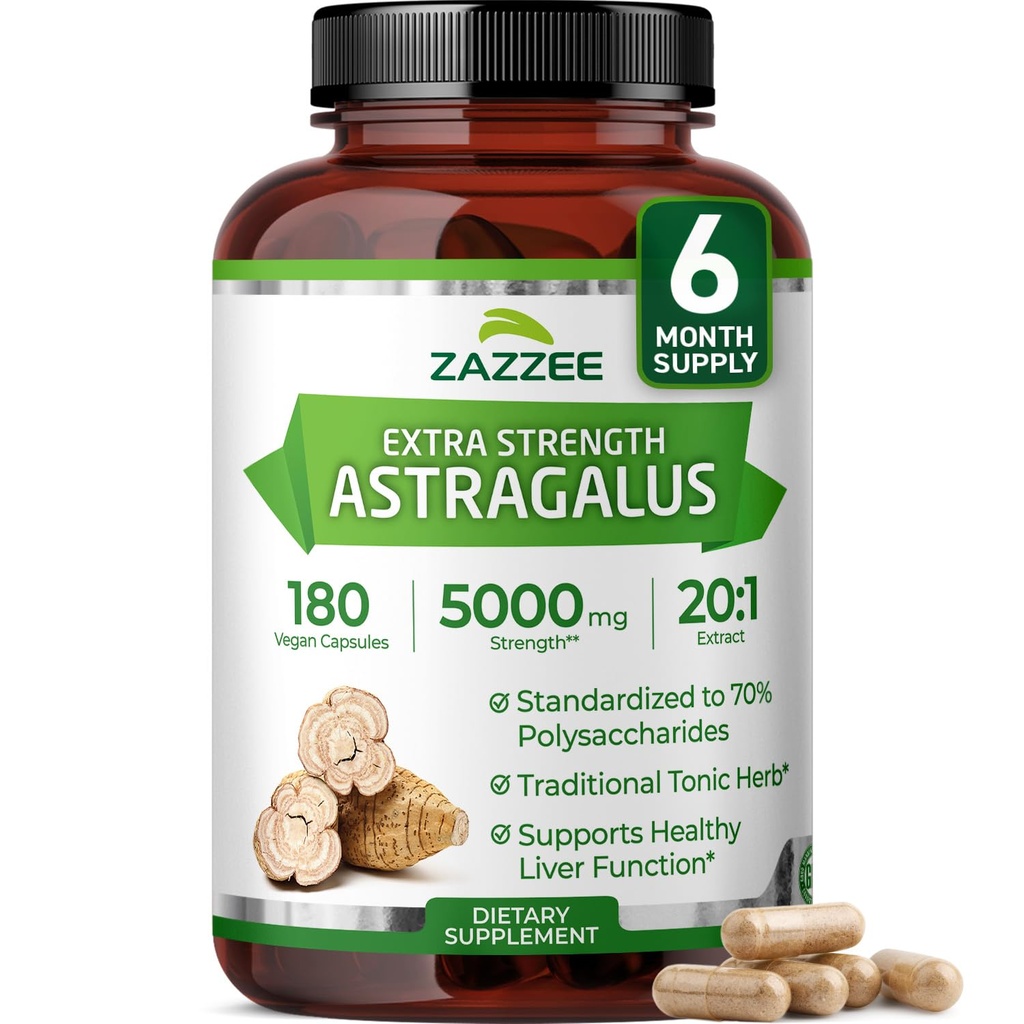 Zazzee Extra Force Astragalus Root 20:1 Extract, 5000 mg Putere, 70% Polizaharide, 180 capsule Vegan, 6 luni de aprovizionare, 100% Vegetarian, Standardizat și concentrat 20X Extract, Non-GMO