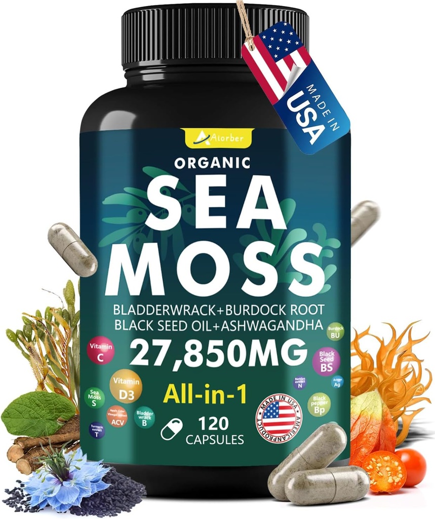 Sea Moss Capsule Complex cu Sea Moss, Black Seed Oil, Ashwagandha, Ginger & Vitamine C, D3-120 Capsule,Superfood Supplements - Advanced Seamoss Pastile, Wild Sea Moss Pills, Made in USA