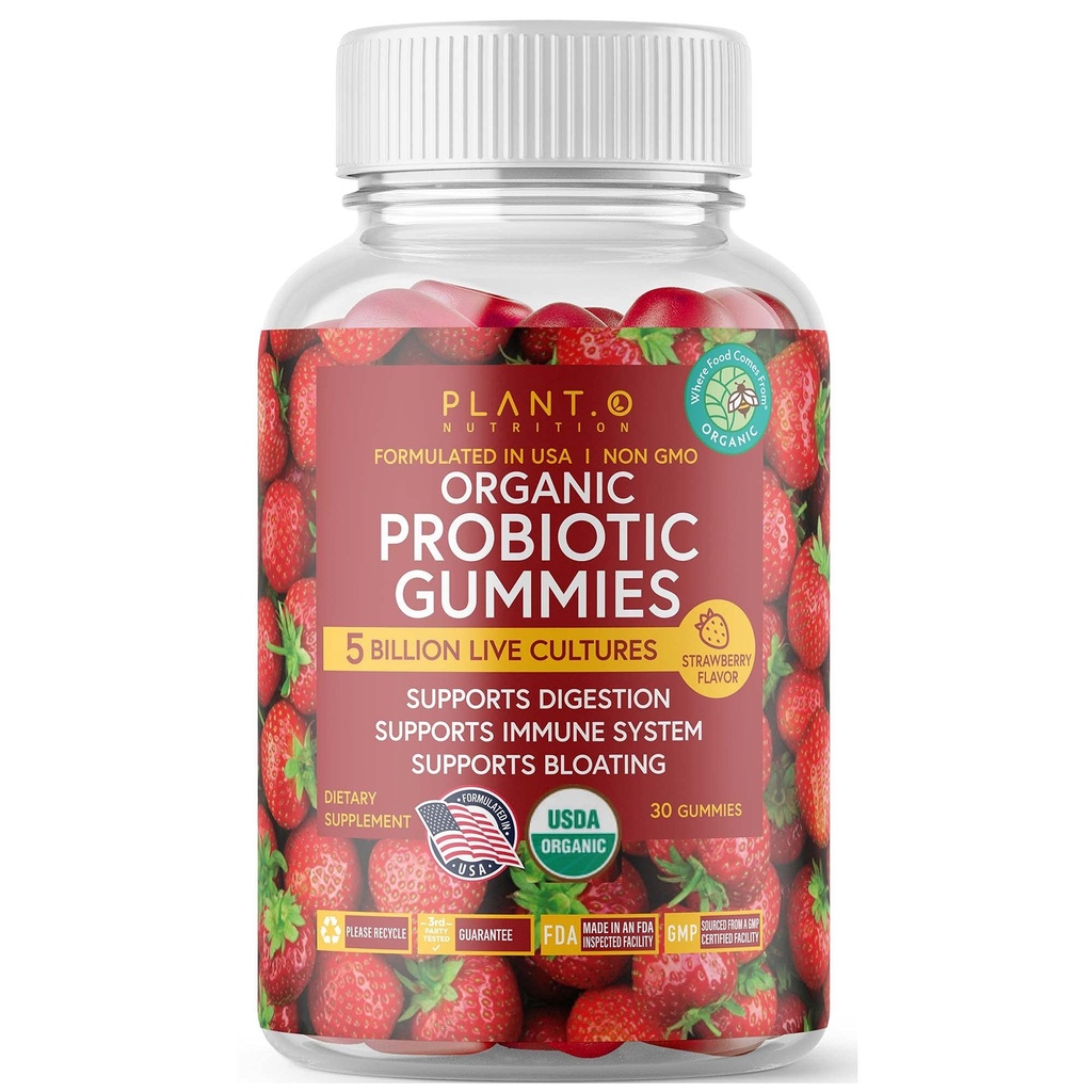 Plant.O Gume probiotice organice pentru femei, bărbaţi şi copii [5 miliarde CFU USDA Certified] Ajutor pentru susţinere Digestion, Blooting, Constipaţie & Sistem imunitar, Aroma de căpşuni, 30 Probiotice masticabile