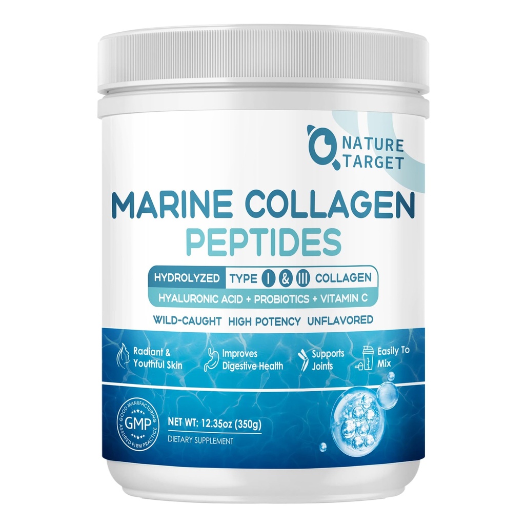 NATURĂ ŢINTă marină Colagen Peptides pulbere - tip I & III Colagen cu probiotice, vitamina C & Acid hialuronic pentru piele, păr, unghii, peşte sălbatic-prins şi bovine hrănite cu iarbă, 35 Servire