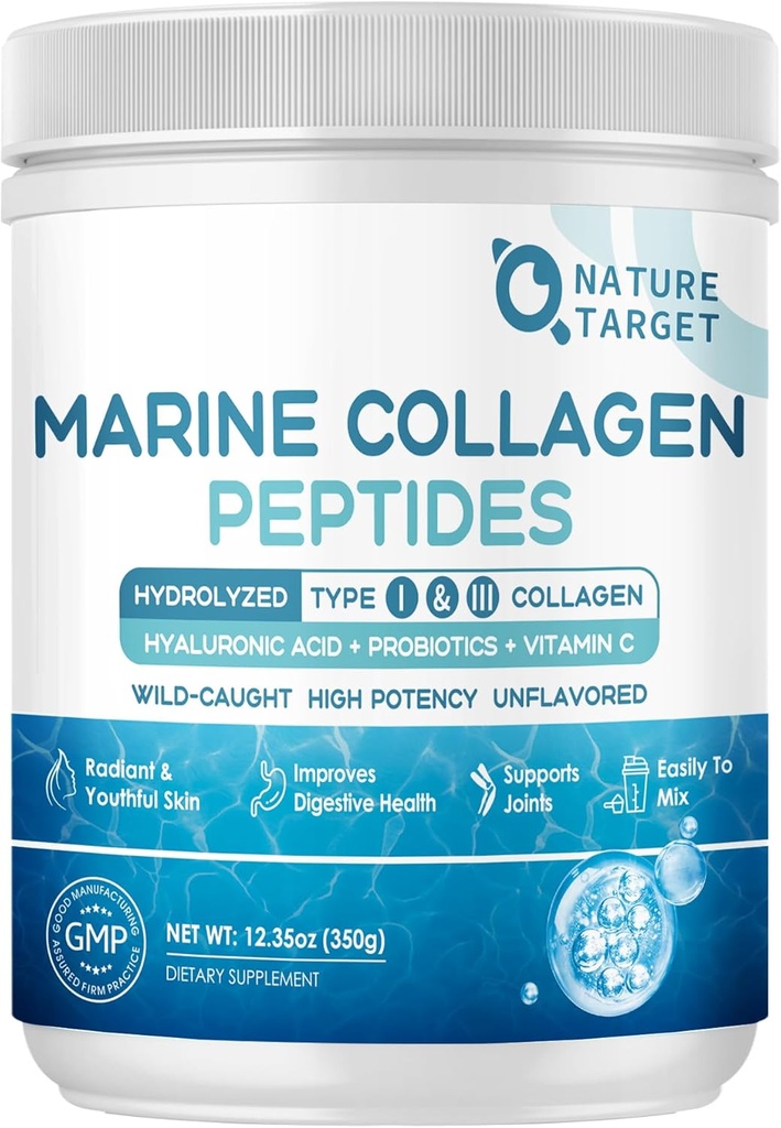 NATURE TARGET Marine Collagen Peptides Powder - Type I & III Collagen with Probiotics, Vitamin C & Hyaluronic Acid for Skin, Hair, Nails, Wild-Caught Fish & Grass-Fed Bovine, 35 Servings