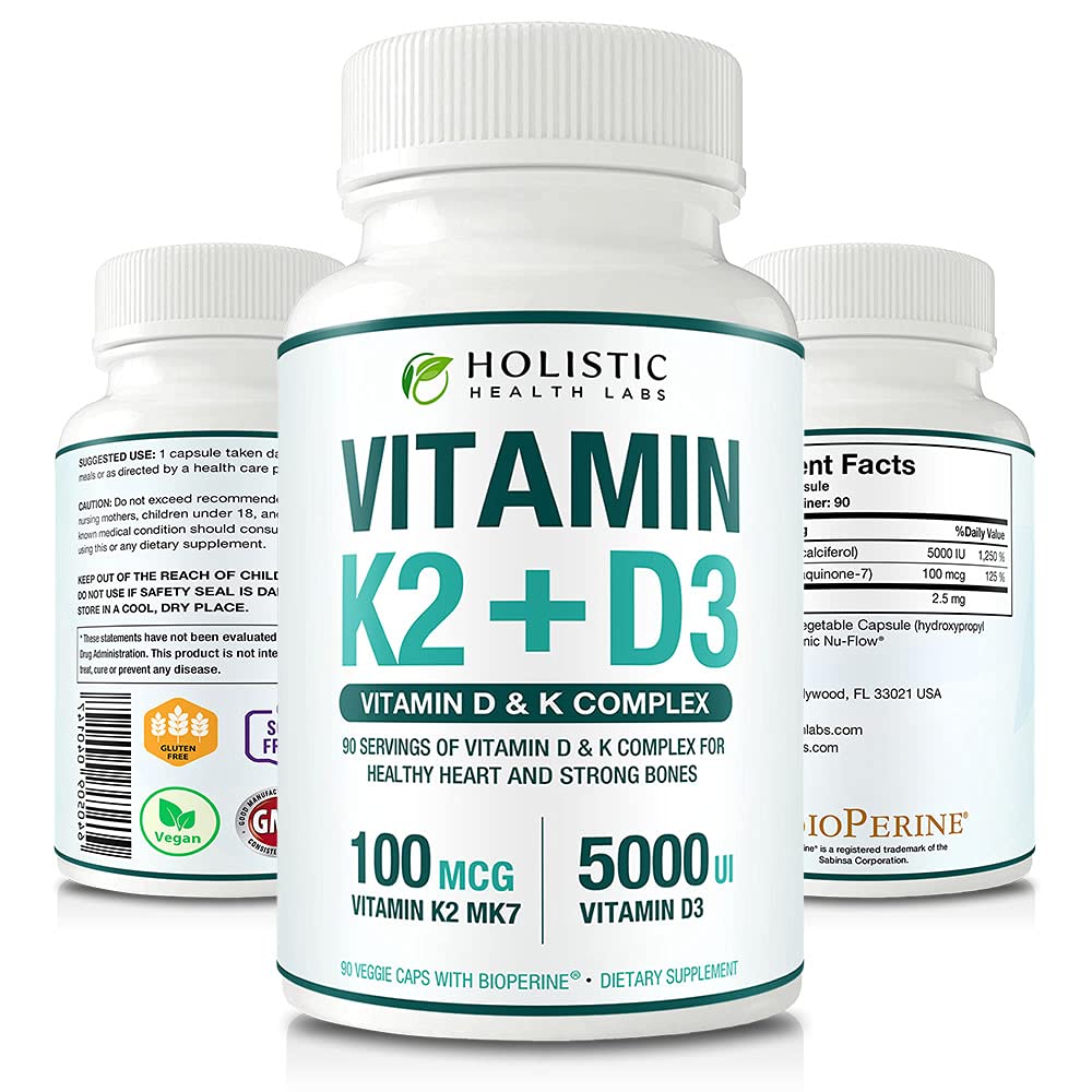 Max Absorbție Vitamina K2 + D3 (5000UI) 90 Capsule vegetale din MK-7 (Menachinonă-7) și Colecalciferol (cu BioPerine) 3-Lonth Supply 