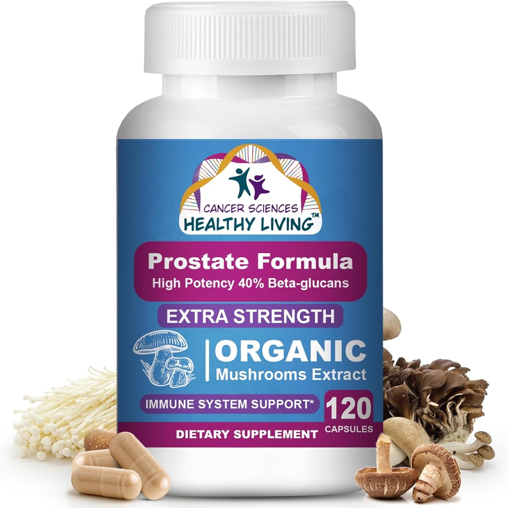 Cancer Sciences Prostate Wellness Suplimente pentru bărbaţi, USDA Certificat de extract de ciuperci organice, Extra Putere 1500 mg, potenţă ridicată 40% Beta-Glucans, Immune, Anti-Aging, Antioxidanti, 120 Capsule