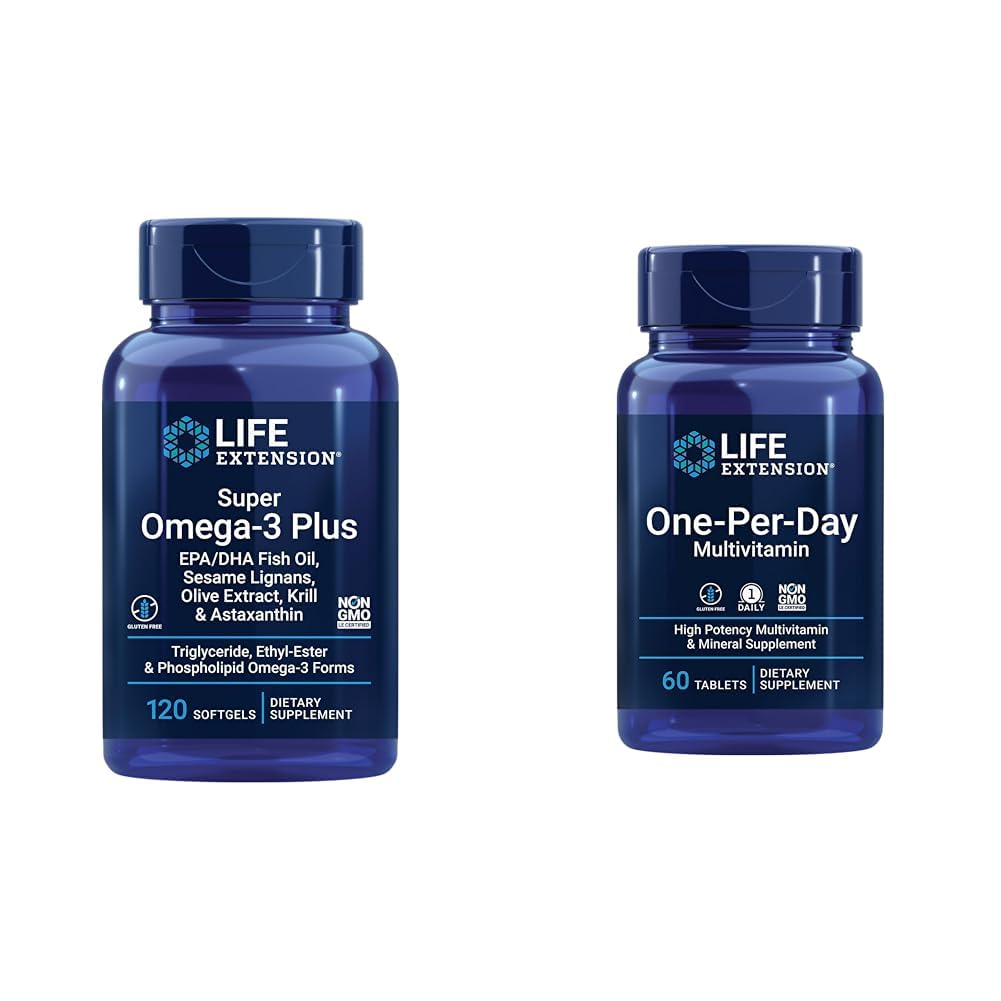 Extensie de viață Super Omega-3 Plus EPA / DHA ulei de pește, Sesame Lignans, extract de măsline & One-Per-Day Multivita 