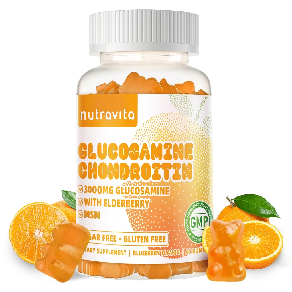 Nutravita Glucosamine Chondroitin Gummies cu MSM & Elderberry Extra Force - Suport comun, Supliment de suport imun antioxidant pentru adulți, Bărbați și femei.60 Orange Chews