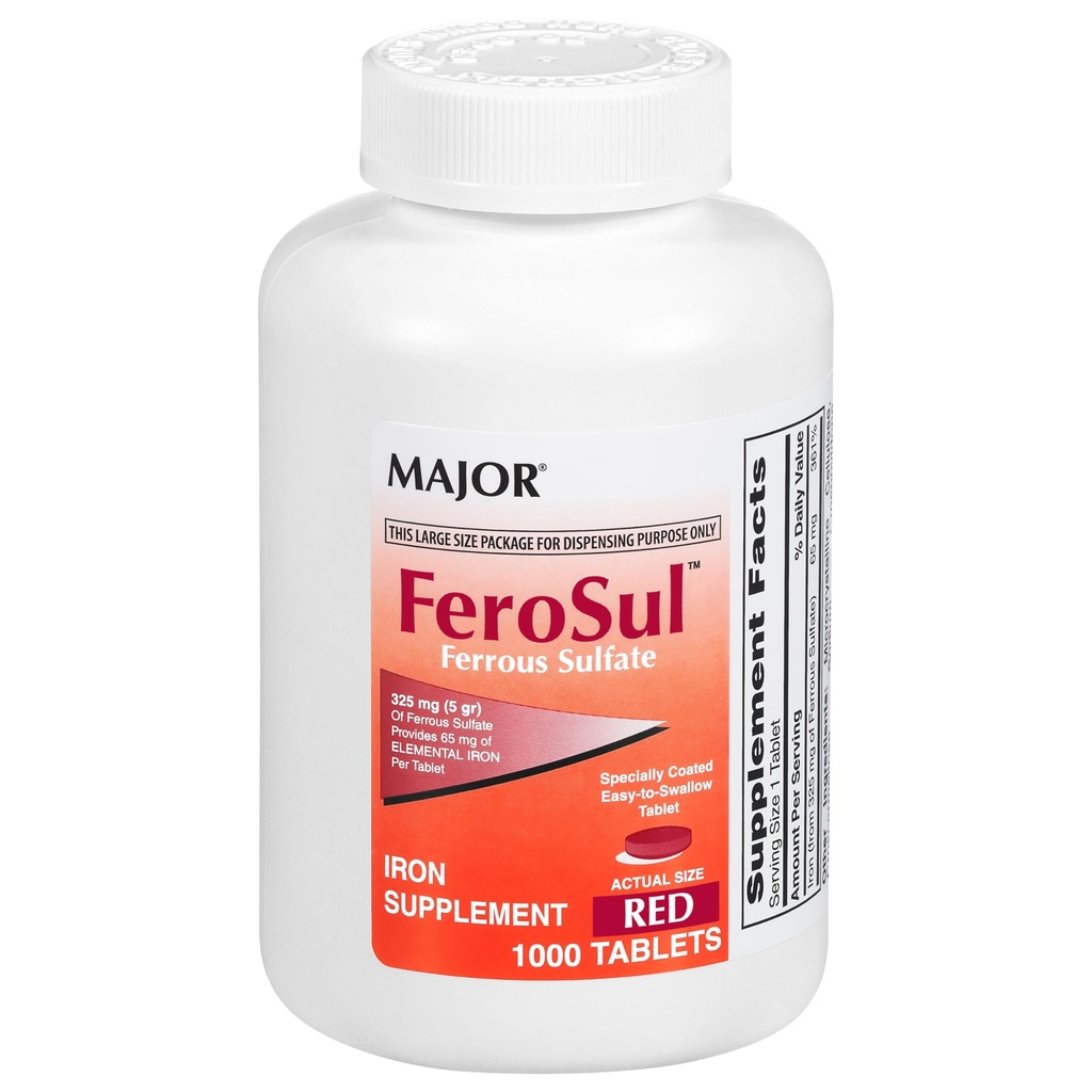 Comprimate de FeroSul - Sulfat feros 325 mg - Supliment de fier pentru femei și bărbați - Tablete de inghitire - Red - 1000 Count