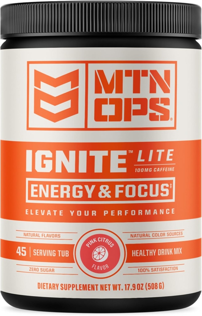 MTN OPS Ignite Energy Drink Powder Gluten Free Nitricoxide Supplement Drink Mix, L Arginine, L Citruline, Cafeina & Nootropic Sugar Free Drink Mix, 45 Servings, Pink Citrus