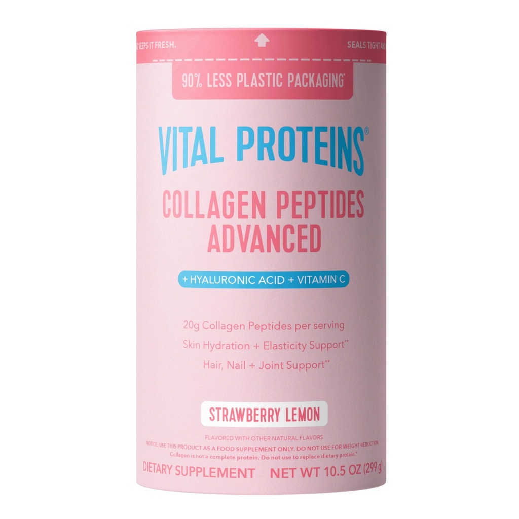 Proteine vitale Colagen Peptides avansat, Peptide hidrolizate cu acid hialuronic și vitamina C - căpșuni Lemon Flavor pulbere, 10,5oz