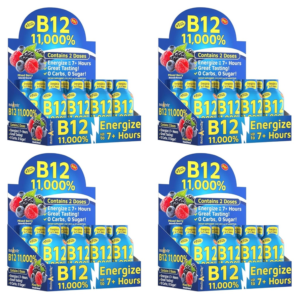 Gradul A calitate, B12 Aroma mixta Berry, pana la 7+ ore de energie, 1.93 Fl Oz, 48 Conte