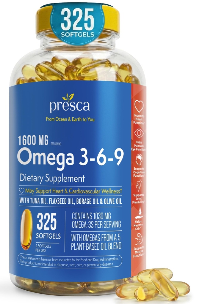 Omega 3-6-9 Supliment alimentar (325 ct.) - Promovarea funcţiei vizuale şi a sănătăţii oculare - Suport Inimă, Sănătate cardiovasculară, Piele sănătoasă, Păr şi Sănătate generală (Omega 3-6-9)