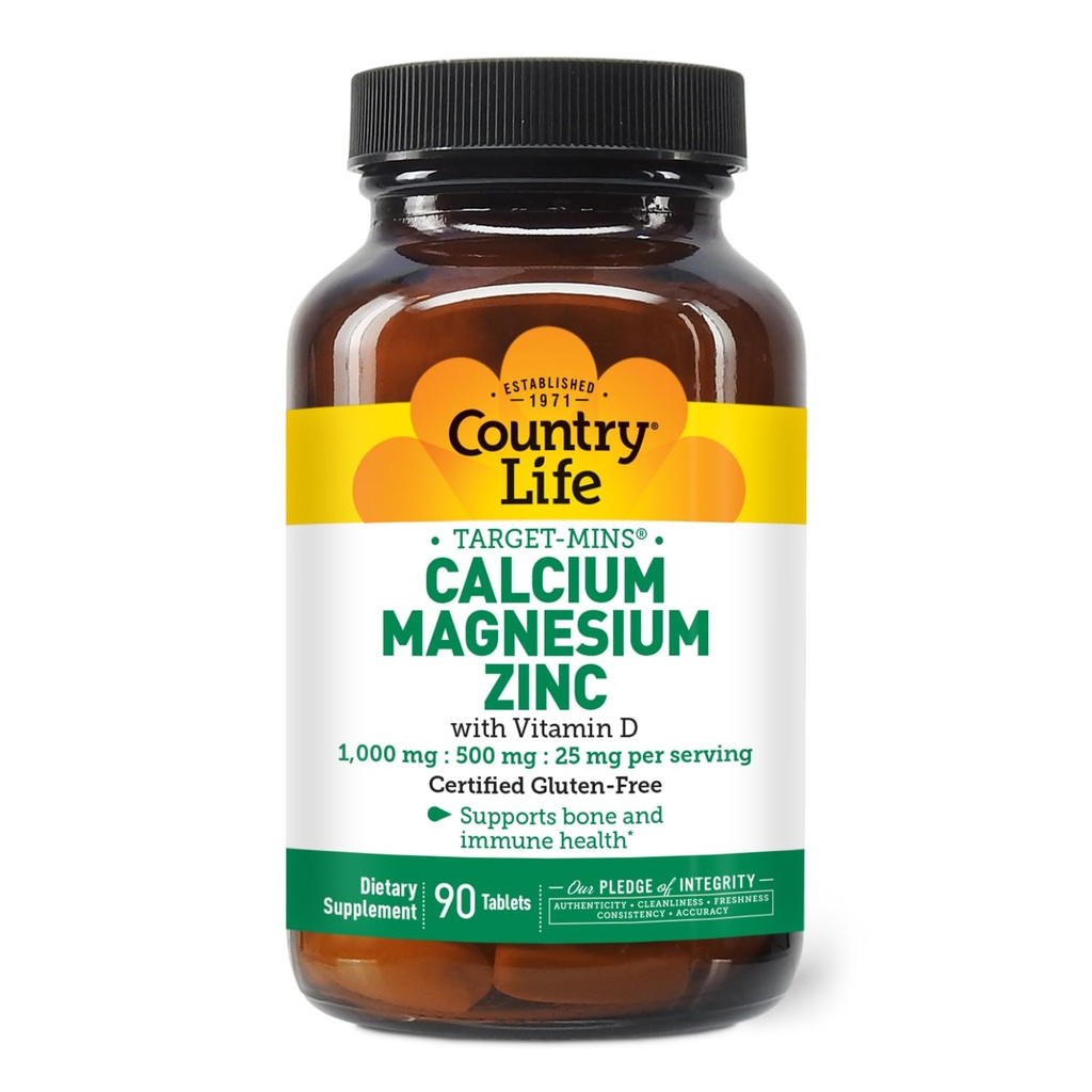 Viață de țară Zinc de magneziu de calciu cu vitamina D3 și acid L-glutamic, Supliment alimentar pentru suport osos, certificate Gluten gratuit, 1000mg/500mg/25mg, 90 comprimate