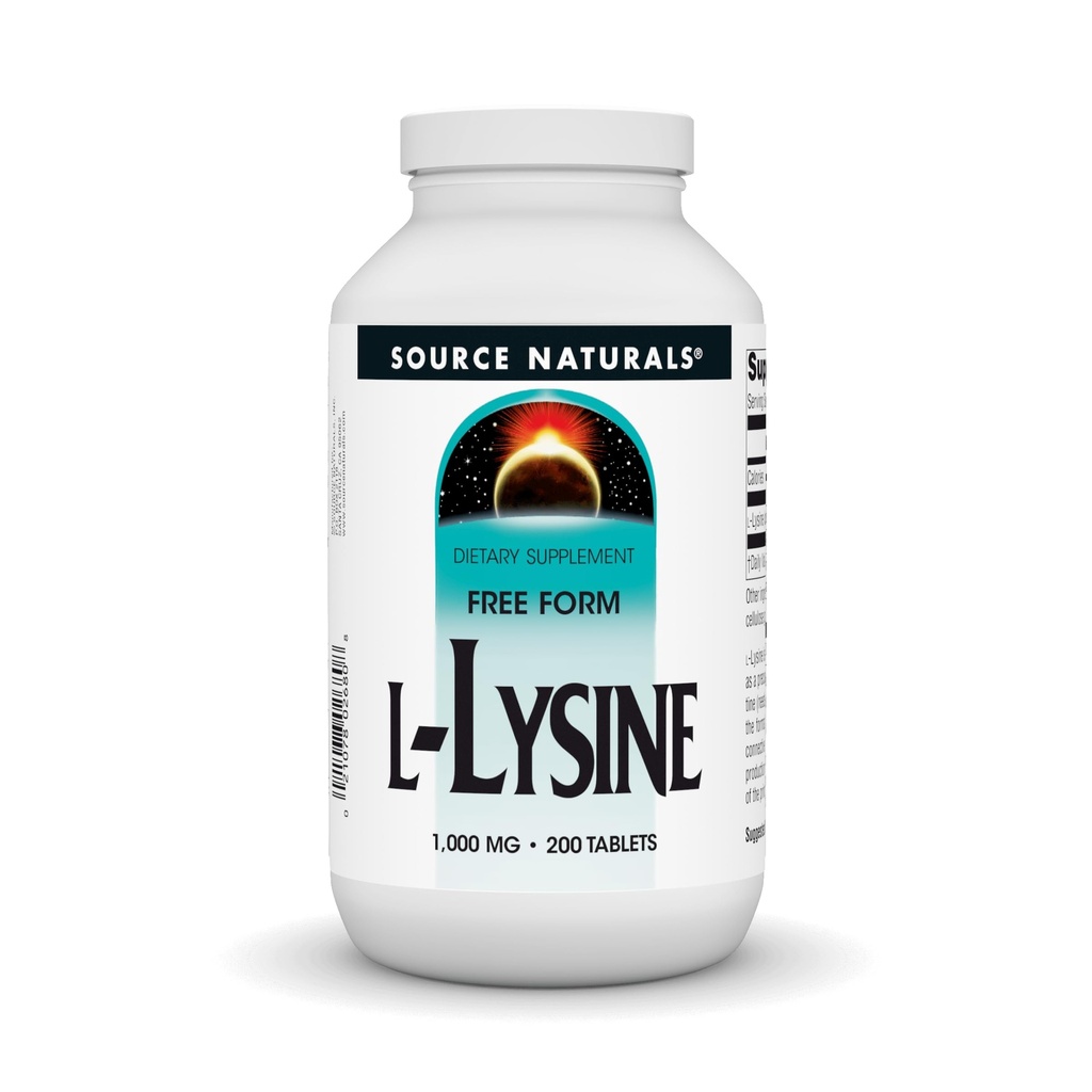 Sursa Naturals L-Lysine Free Form, 1000 mg - Aminoacid suplimentar susține formarea de energie și colagen - 200 comprimate