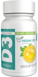 Nutriţie Vegan Life - Vitamina D3 Capsule zilnice pentru adulţi (5000 UI) - Gluten-free, non-GMO, sprijină sănătatea osoasă şi sistemul imunitar - 60 capsule
